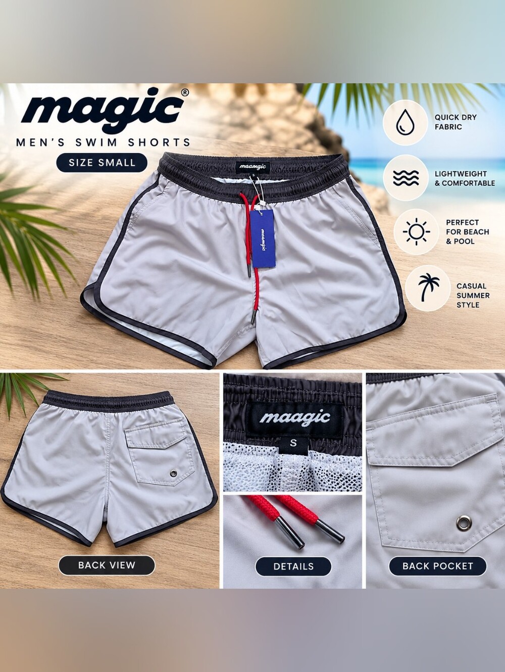 Magic Men's Light Gray Swim Trunks with Black Trim and Red Drawcord